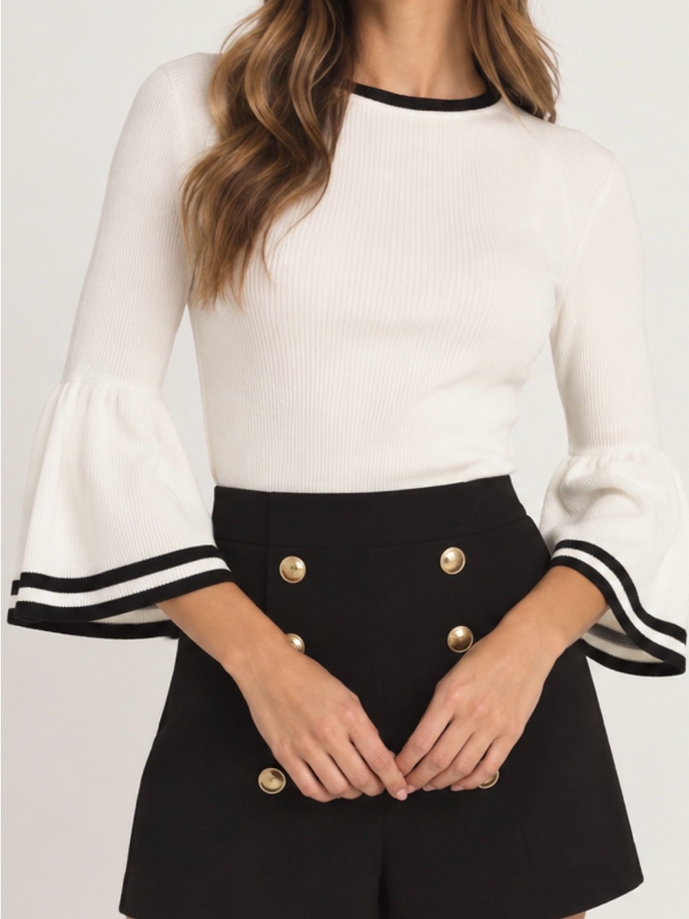 Anthropologie Maeve Modern Ivory Black Bell Sleeve Ribbed Flute Sweater